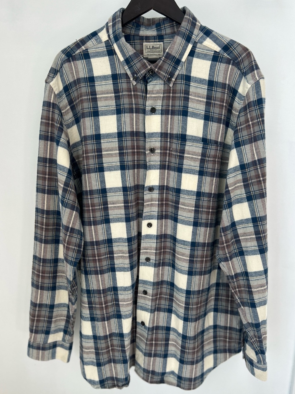 L.L.Bean XL-Tall Plaid Flannel Shirt Men’s 100% Cotton Blue Brown Cream 27.5x34